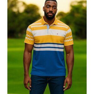 Tommy Hilfiger Waffle Knit Signature Stripe Polo Shirt Retro Vibe MENS Size XL